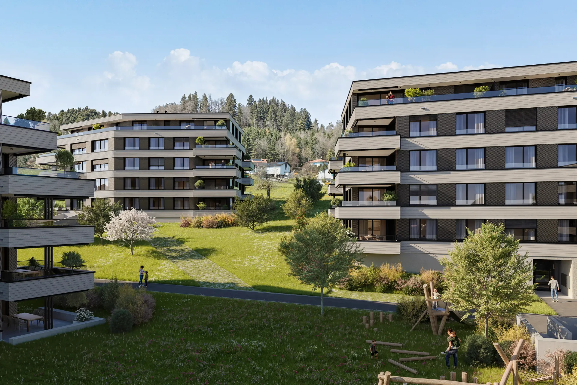 Haus C rechts und Haus B links hinten, gesehen aus dem Innenhof